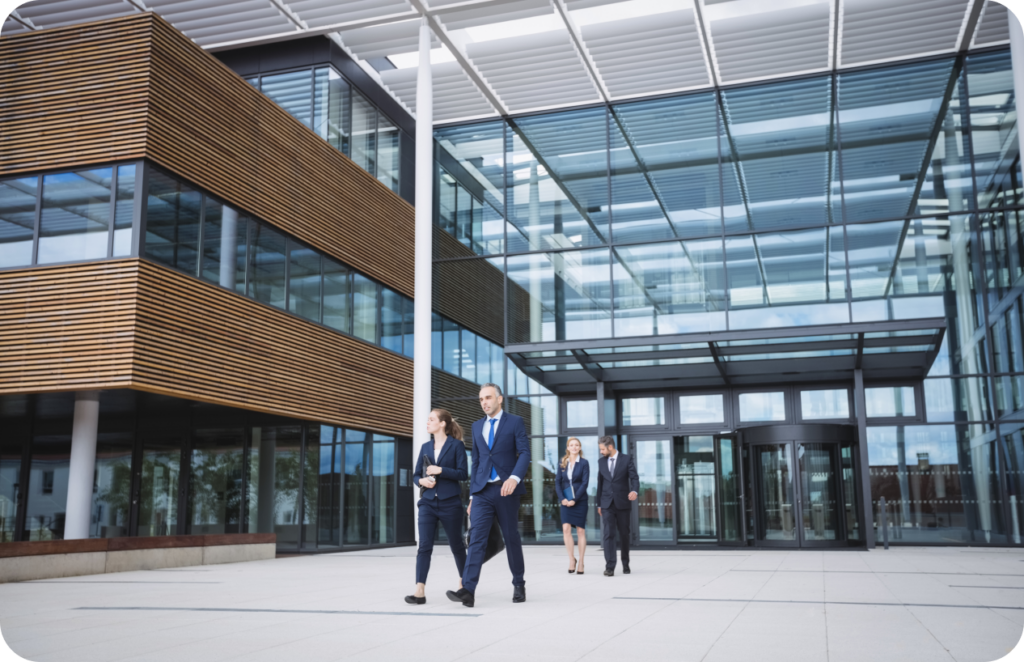 Office workers leaving a building