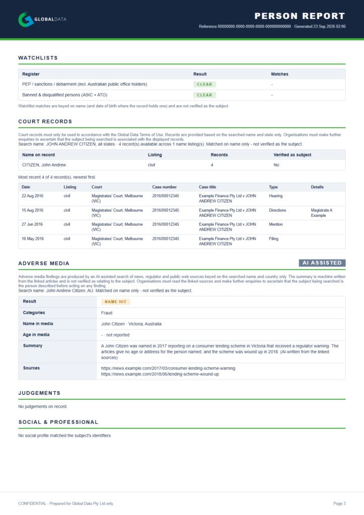 Page 3: watchlist results, court records matched on name only, AI-assisted adverse media, judgements and social profiles